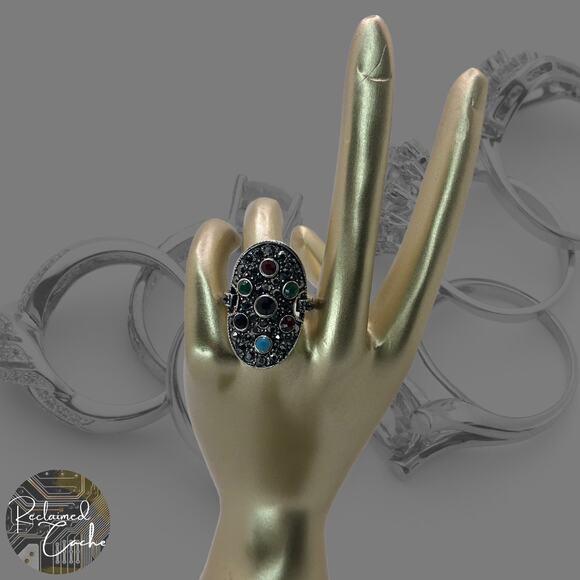 Silver Multicolor Rhinestone Statement Ring - Size 7 - Picture 1 of 7